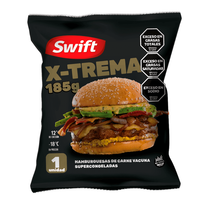 Hamburguesa de carne X-Trema Swift  1 un x 185 grs - Hiram Alimentos Congelados