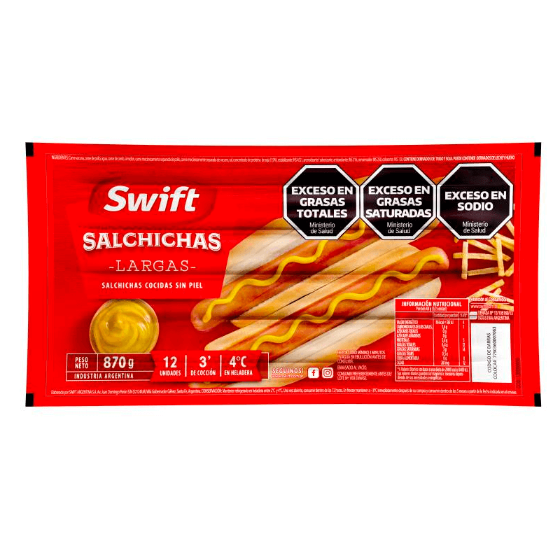 Salchichas Clásicas Largas Swift Paquete 12 Un -870 grs - Hiram Alimentos Congelados