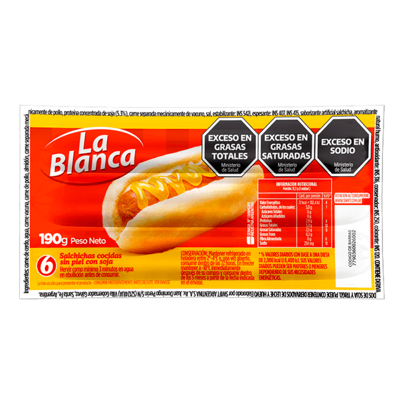 Salchichas Sin Piel La Blanca Paquete 6 Un - 190 grs - Hiram Alimentos Congelados