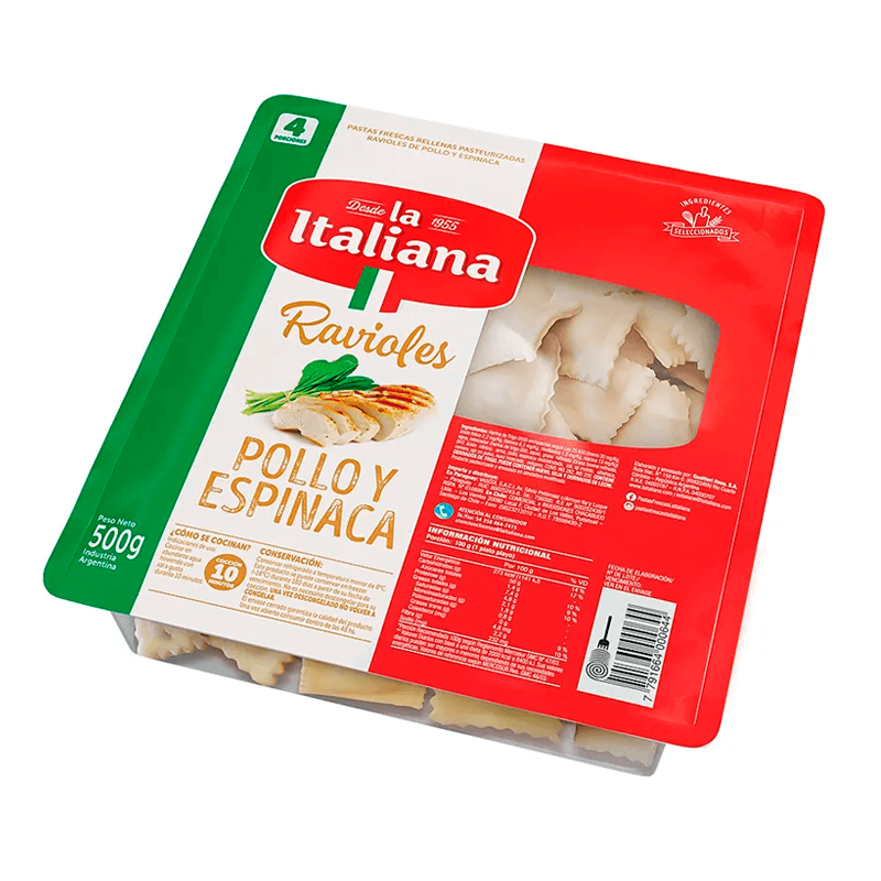 Ravioles Pollo & Espinaca La Italiana Bandeja x 500 grs - Hiram Alimentos Congelados